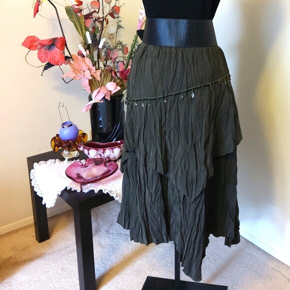 NWT Women Olive Green 2-Layers of Tiered Lined Skirt Elastic High Waist Skirt 14 - Picture 6 of 11
